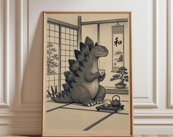 Arte de parede com ilustração de dinossauro, pôster japonês vintage, estampa lúdica para quarto com tatame, presente exclusivo para inauguração de casa, fã de decoração japonesa.