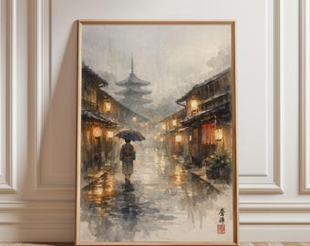 Aquarellposter „Regenreiches Gion Kyoto“, japanische Wabi-Sabi-Straßenkunst bei Nacht, Zen-Wanddekoration, Hochformat, Rahmen nicht enthalten