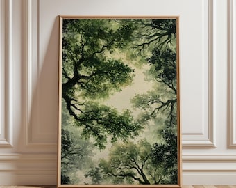 Poster mit Waldkronenmotiv, Wandbild mit grünen Bäumen für die Decke, Vintage-Illustration einer Waldlandschaft, Poster mit beruhigender Naturkulisse