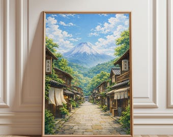 Pôster de rua japonesa serena com o Monte Fuji, paisagem tradicional de vila, decoração de viagem ao Japão, pôster de arte tradicional, decoração de parede, presente