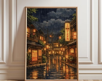 Poster „Regnerische Nacht im alten Japan“, japanischer Straßenkunstdruck, nächtliche Szene aus Gion, Kyoto, Wabi-Sabi-Dekor, ungerahmtes Poster