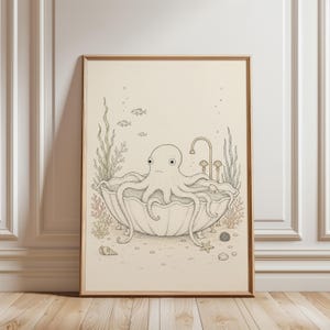 Whimsical Octopus Wall Art, Pastel Underwater Scene Print, Quirky Marine Life Decor for Nursery or Beach House, Beach house decor