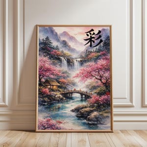 Irodori – Japanese Spring Landscape with Waterfall & Cherry Blossoms, Wabi-Sabi Nature Art Poster Only, No Frame