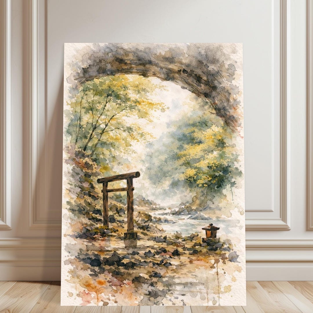 Torii Gate in Misty Forest Poster | Japanese Wabi-sabi Watercolor Art ...