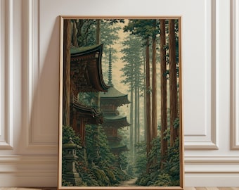 Pagoda Wall Art, Vintage Japanese Forest Poster, Woodblock Art, Inspired by Road to Nikko by Kawase Hasui, Japandi Decor, Botanical Wall Art