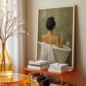 Woman in Bathtub Wall Art, Luxe Champagne Poster, Serene Bath Print, Modern Bathroom Decor, Back View, Champagne Flute, Sage Green image 8