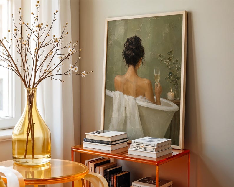 Woman in Bathtub Wall Art, Luxe Champagne Poster, Serene Bath Print, Modern Bathroom Decor, Back View, Champagne Flute, Sage Green image 8