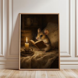 Whimsical Mouse Wall Art, Vintage Candlelight Print, Cozy Storybook Poster for Nursery or Reading Nook Decor, Gift for book lover