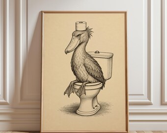 Arte de parede com pássaros divertidos, pôster vintage com ilustração de pelicano, estampa original para banheiro, decoração bem-humorada para lavabo, banheiro eclético