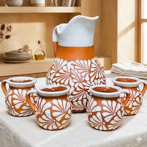 Natural White Espiga Pato Pitcher Set with 4 Mugs | Mexican Pottery Jarra con Tazas