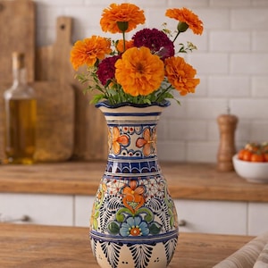 Handcrafted Talavera Vase 10” – Authentic Mexican Ceramic Flower Vase – Blue Multicolor Floral Design