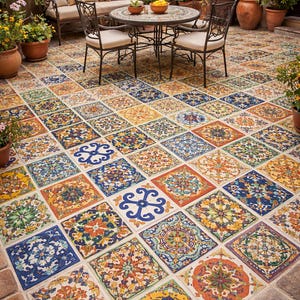 May include: A patio with a mosaic tile floor featuring a variety of colorful, patterned tiles. The tiles are arranged in a grid and showcase intricate designs in shades of blue, orange, yellow, and green. Outdoor furniture is visible in the background.