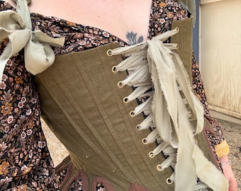 Handmade 18th Century Linen Corset with Contrast Binding - Custom Made - 18th Century Stays, Historical Corset