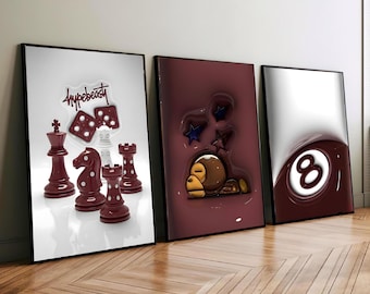 HypeBeast Set of 3 Room Decor, Modren wall art, Hypebast kaws Poster, Cool Wall Art Set,, 3D Wall Art, HypeBeast Wall Art, Trendy Wall Art,