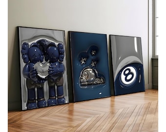 HypeBeast Set of 3 Room Decor, Hypebast kaws Poster, Cool Wall Art Set,, 3D Wall Art, HypeBeast Wall Art, Trendy Wall Art,