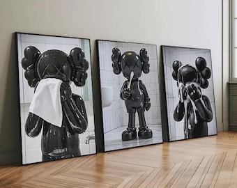 kaws set of 3Hypebeast Kaws Sitting on Toilet  Poster, Hypebeast Figure Print, Black Kaws Minimalist Decor, Printable Kaws Hypebeast Toy Art