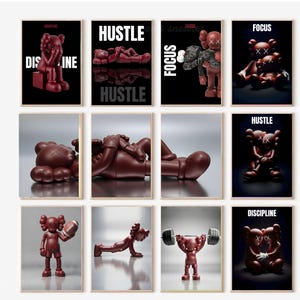 Pode incluir: Uma coleção de impressões de arte emolduradas com figuras de desenhos animados marrons em várias poses. Cada impressão tem um fundo preto ou prateado com palavras motivacionais como "Hustle", "Discipline" e "Focus".