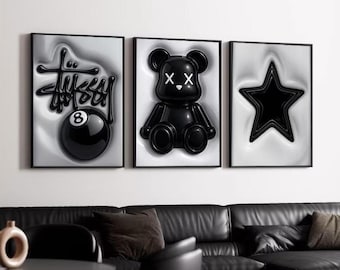 HypeBeast Set of 3 Room Decor, Hypebast kaws Poster, Cool Wall Art Set,, 3D Wall Art, HypeBeast Wall Art, Trendy Wall Art,