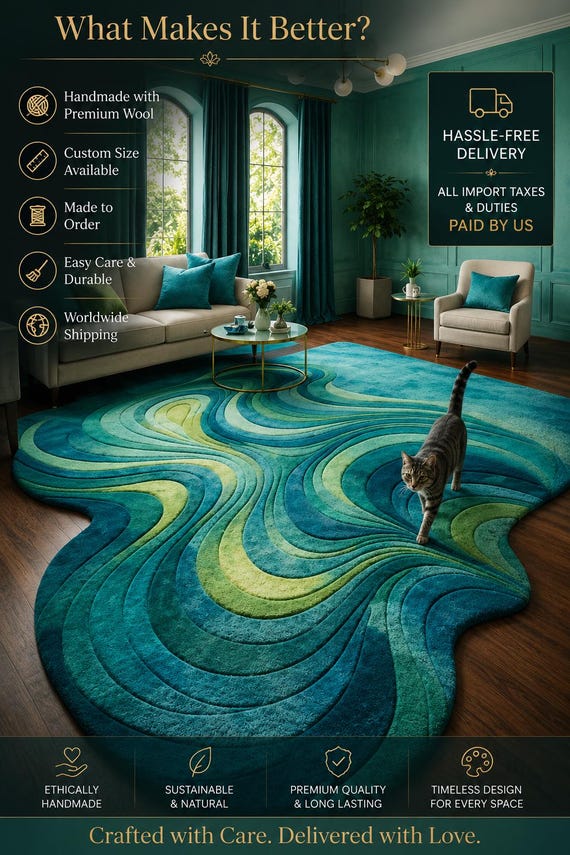 Handmade Teal Ocean Wave Tufted Rug, Sculpted Area Carpet - Etsy