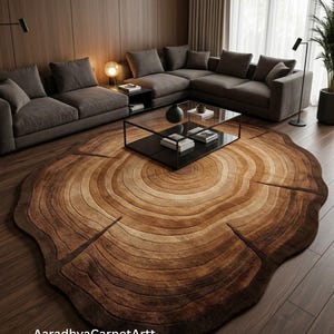 Puede incluir: Una alfombra marrón con diseño de tronco de árbol, con círculos concéntricos y grietas radiales. La alfombra es el punto focal de una sala de estar, con un sofá seccional marrón oscuro y una mesa de centro de cristal.