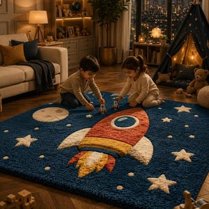 Tapis capitonné fusée, tapis pour chambre d'enfant, tapis de sol bleu étoilé pour salle de jeux