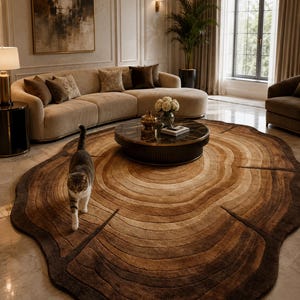 Tree Ring Tufted Rug, Wood Slice Area Carpet, Handmade Nature Inspired Statement Rug