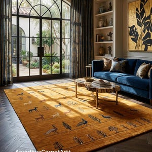 Mustard Wool Tribal Gabbeh Rug, Hand-Tufted Persian Animal Motif Carpet