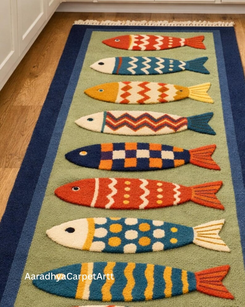 Colorful Fish Tufted Runner Rug, Coastal Kitchen Hallway Carpet ...