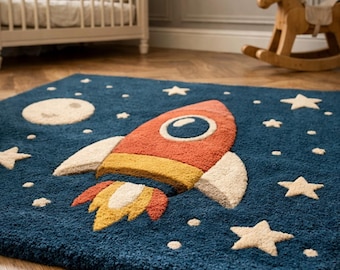"Raketengetuftet, Weltraum Teppich für Kinderzimmer, Blauer ""Sternenblau"" Spielzimmer Bodenmatte."