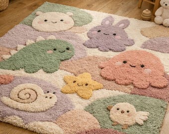 Hand Tufted Pastell Tier Teppich, Kawaii Dino Spielzimmer Teppich, Weicher Plüsch Kinderzimmer Dekor