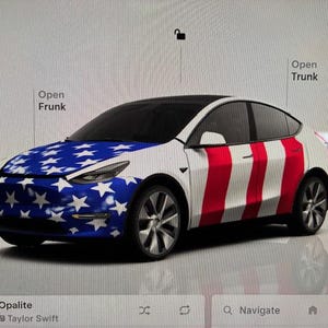 May include: A white Tesla Model Y with a patriotic design. The front hood is blue with white stars, and the side panels feature red and white stripes. The car's wheels are silver, and the background is a light gray.