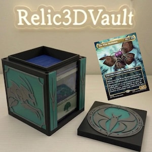 May include: A black and teal card storage box with a dragon design and the text "Relic3DVault". The box is open, revealing a stack of cards. A card with a moth illustration is next to the box.
