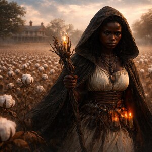 Può includere: Una persona con un mantello con cappuccio è in un campo di cotone, che tiene in mano un bastone illuminato da candele. Indossa una camicetta bianca e un corsetto scuro, con candele appese alla vita. Lo sfondo presenta una casa colonica e un cielo nuvoloso.