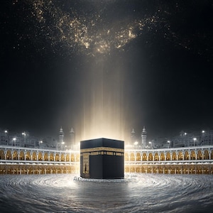 May include: A digitally enhanced image of the Kaaba, a black cube-shaped structure, illuminated by a celestial light. The Kaaba is surrounded by a circular structure with golden accents, set against a dark, starry sky.