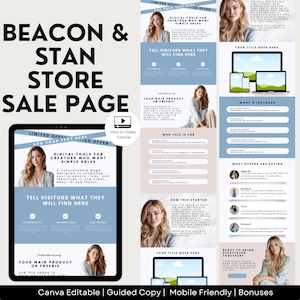 May include: A digital sales page template with a clean, modern design. The page features sections for products, testimonials, and a call to action. The text includes "Beacon & Stan Store Sale Page" and "Digital Tools for Creators."