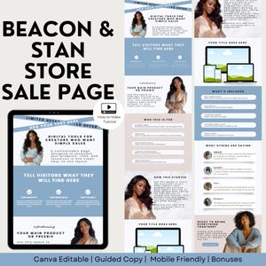 May include: A digital sales page template with the text "BEACON & STAN STORE SALE PAGE". The design includes sections for product showcases, links, and resources. The template is Canva editable and mobile-friendly.