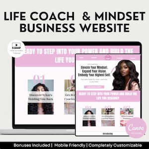 Mall för webbplats för livscoach Webbplats för feminin coaching för mindset- och välbefinnandecoacher Canva Access