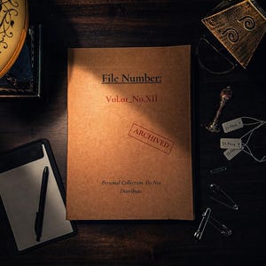 May include: A brown file folder with the text "File Number: Vol.or_No.XII" and a red "ARCHIVED" stamp. The folder is on a dark wooden surface, with a notepad, pen, and other vintage items.