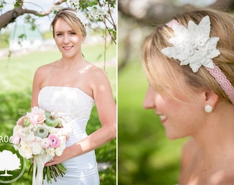 Handmade Lace Wedding Headband/ Casual Wedding/ Bohemian Wedding/ Pink and White Bridal Sash/ Vintage Lace with Pink Lace Headband