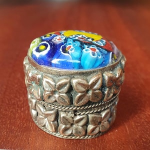Beautiful Metal Box with Large Vintage Murano Multicolored Glass Cabochon (VTG) - Antique Small Round Box with Millefiori Venetian Glass