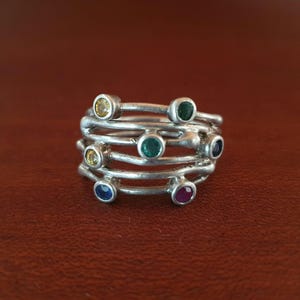 Bague Vintage en Argent Style Moderniste 5 Rangs Pierres Couleur VTG 80s Modernist Silver Multi Stone Designer Ring
