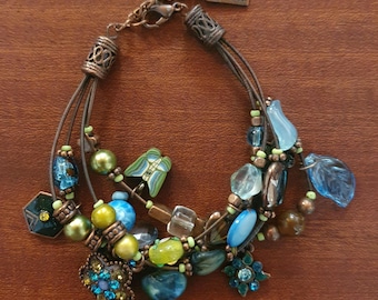 Boho Multi-Strand Bracelet with Beads and Charms, Axelle Vintage 2000s Blue Green Copper, Vintage Boho Armband with Glass and Enamel Charms
