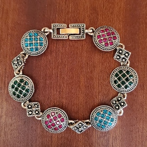 Bracelet Vintage en Métal Rosé avec Médaillons à Strass Multicolores VTG Gold Tone Multicolor Rhinestone Disc Bracelet