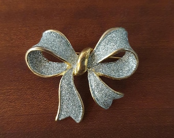 Vintage Gold and Silver Sparkling Bow Brooch, VTG Elegant Shiny Golden Bow Pretty Ancient Costume Brooch