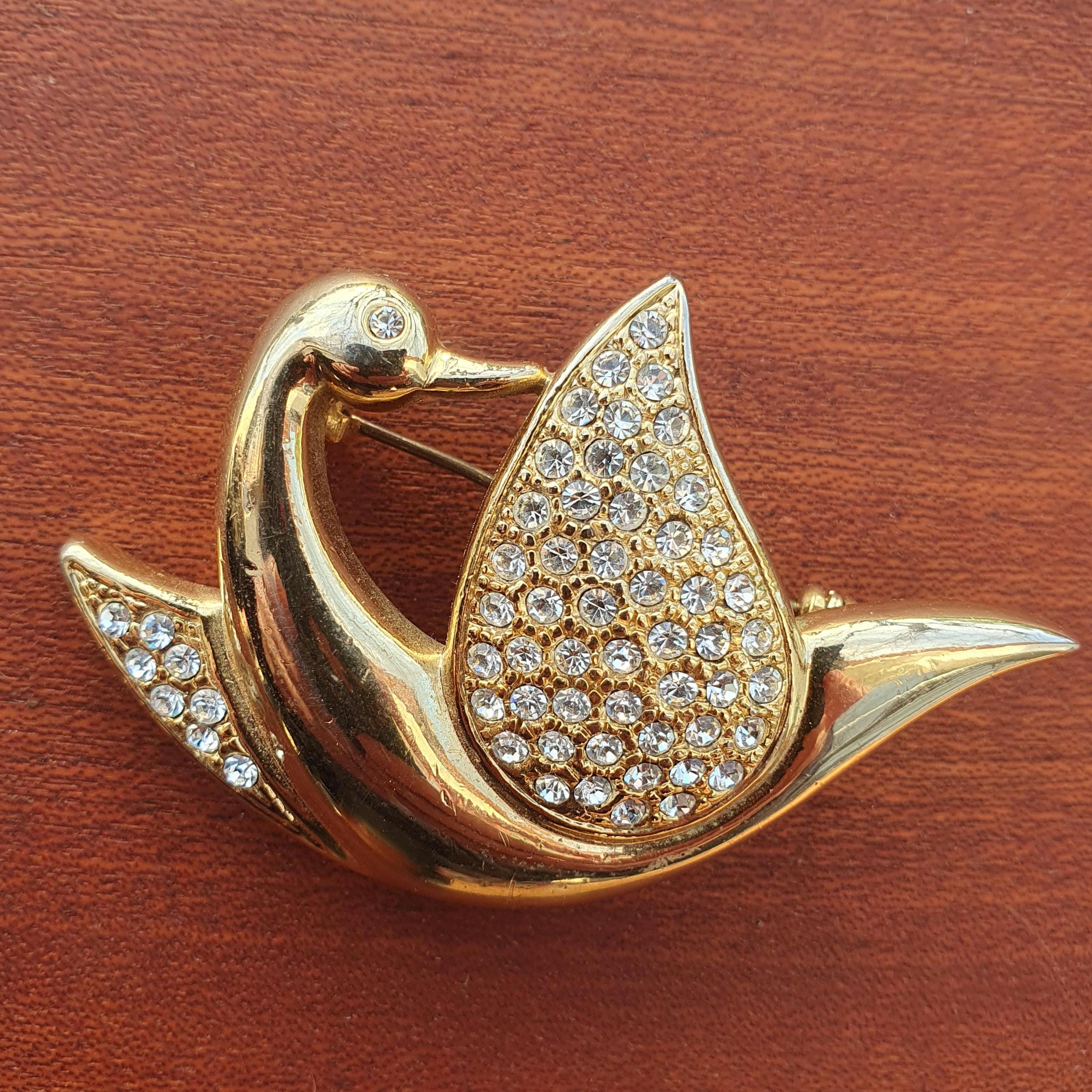 Broche Ancienne Art Nouveau – Oiseau, Perle Et Strass – Laiton Doré Début XXe