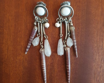 Vintage Silver Dangle Earrings with Rock Crystal, Sea Urchin Spines and Shell VTG Silver Marine Themed Earrings