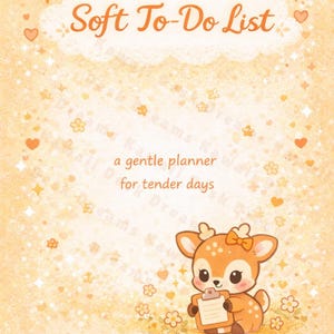May include: An illustrated planner with a deer character holding a clipboard. The text "Soft To-Do List" is above the deer, with "a gentle planner for tender days" below. The background is a light orange with hearts and stars.