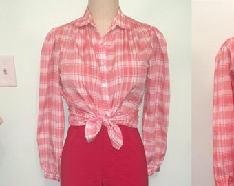 SZ L 70s 80s Red White Plaid Blouse Top Shirt, Button Down Balloon Sleeve Secretary vintage retro blouse