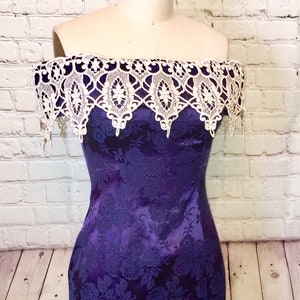 80s/90s Prom Dress, Short skirt, Navy Blue Brocade, Jaquard Floral, off shoulder, ivory lace collar, size medium W28