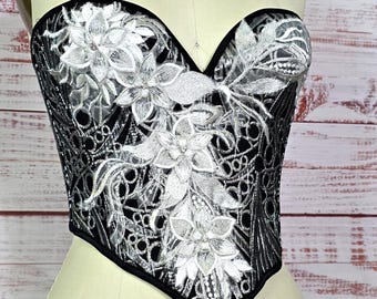Overbust Corset, Silver Black Floral brocade, corset waist cincher cottagecore, Goth Vamp Vibes, Goddess, Bridal, Fairy castlecore